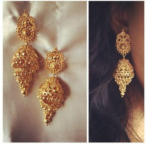 Sparkling Fashion: Gold Jhumka Earring designs latest 2019/ Gold buttalu Gold Jhumka Designs, Gold Buttalu, Dubai Gold Jewelry, Gold Earrings Indian, Indian Gold Jewelry, Gold Jhumka, Indian Wedding Jewelry Sets, Gold Jhumka Earrings, Bridal Necklace Designs