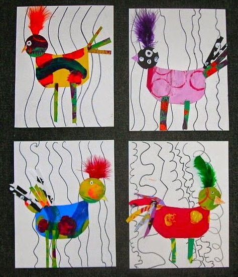 painted paper chickens and roosters (Picasso and Eric Carle) grade 1 collage Mixed Media Still Life, School Artwork, Bad Case Of Stripes, Kids Collage, Childhood Art, Chicken Painting, Rooster Art, Collage Art Projects, Chicken Art