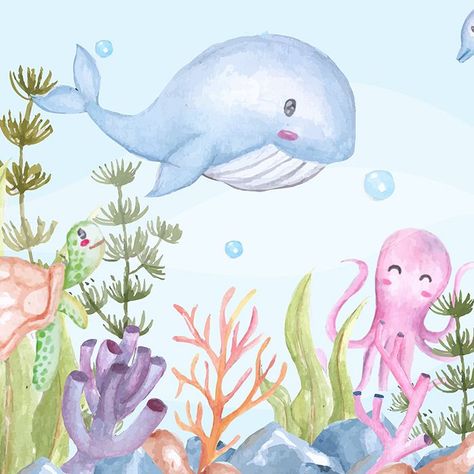 Watercolor Under The Sea Kids Room Wallpaper Sea Kids Room, Under The Sea Watercolor, Whale Cartoon, Whale Clipart, Watercolor Whales, Turtle Nursery, India For Kids, Cartoon Whale, Watercolor Whale