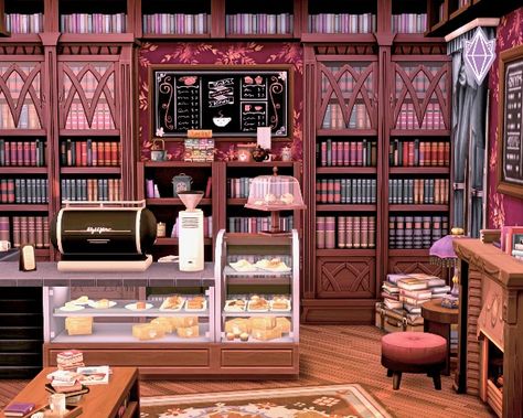 Here are some interior pics of the cafe/bookstore i built in Britechester on the Sims 4! It is available on the gallery as a cafe. It was not play tested. Sims 4 Book Store, Sims 4 Bookstore Cc, Sims 4 Bookstore Build, Sims 4 Cafe Shop, Sims Bakery Build, Sims 4 Bookstore, Sims 4 Cat Cafe, Sims 4 Cafe, Bookstore Interior