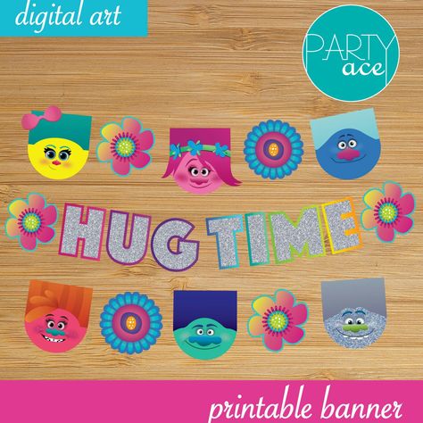 Decorate the Birthday Party with colors! Trolls Hug Time Banner with 6 different trolls #trolls #trollsbirthdayparty #trollspartyideas #kidspartyideas Colorful Birthday Party Decorations, Hug Time, 4de Verjaardag, Note Printable, Trolls Party, Trolls Birthday Party, Colorful Birthday Party, Troll Party, Paw Patrol Birthday Party