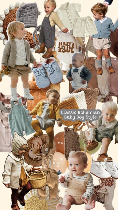 This is a collection of outfits for baby boys with clothing items, toys and other baby accessories to finish the collage and give the overall vibe. The vibe is very neutral and earthy tones, with wood and knitted accents. Cottagecore Boy Outfit, Boy Cottagecore, Cottagecore Boys, Smocked Outfits, Baby Boy Style, Tall Socks, Bohemian Cottagecore, Bohemian Baby