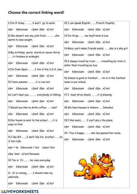 Linking words interactive exercise for Elementary. You can do the exercises online or download the worksheet as pdf. Linking Words Worksheets, English Printables, Simple Present Tense Worksheets, Linking Words, English Grammar Rules, Grammar For Kids, English Exercises, Comprehension Passage, Reading Comprehension Passages