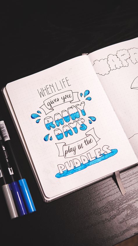 April Quote: “When life gives you rainy days, play in the puddles.” Rainy Day Journal Ideas, Rainy Day Doodles, Rainy Day Journal, 2024 Bujo, Rainy Day Quotes, 2024 Journal, April Quotes, April Bullet Journal, Fall Scrapbook Layouts