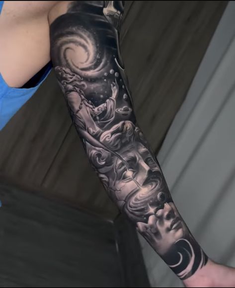 Trippy Full Sleeve Tattoos, Mystical Arm Sleeve Tattoo, Mystic Tattoos Men, Sleeve Tattoos For Guys Leg, Space Tattoo Sleeve Men, Awesome Sleeve Tattoos, Space Sleeve Tattoo, Tattoo Sleeve Themes, Realism Tattoo Sleeve