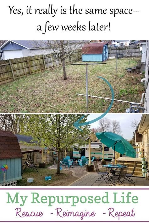 cozy backyard camper retreat guest space #MyRepurposedLife #outdoors #backyard #camper #camping #spon #hangoutchallenge Walkout Patio, Backyard Hangout, Outdoors Ideas, Recycling Projects, Side Yards, Pool Remodel, Camper Camping, Cozy Backyard, Witch Craft