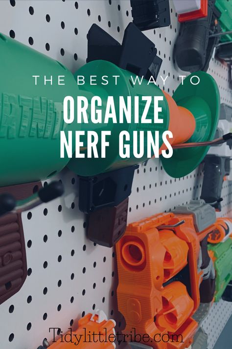 Nerf Wall, Nerf Storage Ideas, Diy Nerf Storage, Nerf Organization Ideas, Nerf Closet Storage, Pegboard Nerf Wall, Nerf Wall Storage, Nerf Pegboard Wall, Peg Board Nerf Wall Diy