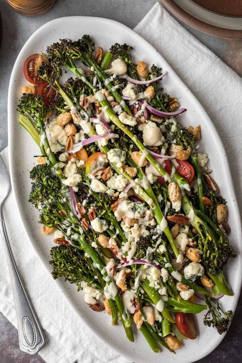 Roasted broccolini salad is a simple and healthy side dish to enjoy year-round. Whether roasted in the oven or air fryer, crisp-tender broccolini pairs well with a variety of fresh vegetables, cheeses and salad dressings. This recipe is vegan, gluten-free, and features crispy roasted cannellini beans. Brocolini Recipes Salad, Broccolini Side Dish, Brocolini Recipes Roasted, Grilled Broccolini Recipe, Recipes With Broccolini, Brocollini Recipes Roasted, Brocolini Recipes Oven, Air Fryer Brocollini, Brocollini Salad