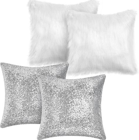 glam 4 pack pillows Sequin Bedding, Cover For Couch, Glitter Pillows, Sequin Throw Pillows, Glam Bedroom Decor, Glam Bedroom, Sequin Pillow, Faux Fur Pillow, Faux Fur Throw Pillow