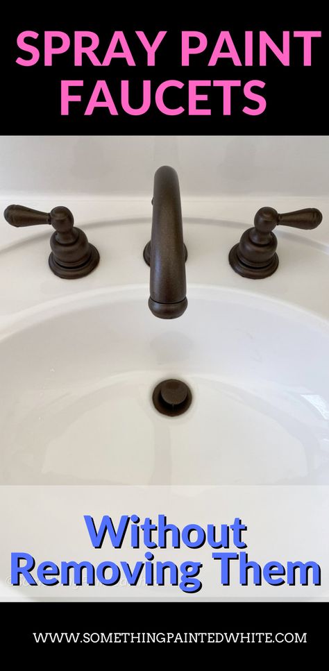 Spray painted bathroom faucet in a dark bronze color. Painting Bathroom Sinks, Spray Painting Light Fixtures, Bathroom Sink Fixtures, Painting Hardware, Painting Light Fixtures, Silver Faucet, Best Spray Paint, Painting Bathtub, Painted Bathroom