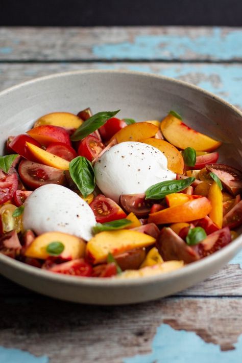 Nectarine and Burrata Caprese Salad - A Nerd Cooks Burrata Caprese Salad, Burrata Caprese, Nectarine Recipes, Burrata Recipe, Easy Mediterranean Diet Recipes, Summer Dishes, Cheesy Recipes, Mediterranean Diet Recipes, Nectarine