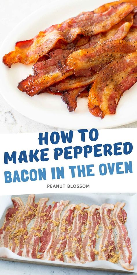 Learn how to bake peppered bacon in the oven with this awesome trick. You can easily turn it into a peppered candied bacon with just one extra ingredient. Sweet or savory bacon for BLT sandwiches or serving with your favorite weekend brunch like pancakes. Breakfast Ideas For Adults, Bacon With Brown Sugar, Easy Breakfast Ideas For Kids, Peppered Bacon, Blt Sandwiches, Pepper Bacon, Savory Bacon, Wedding Shower Brunch, Kids Brunch