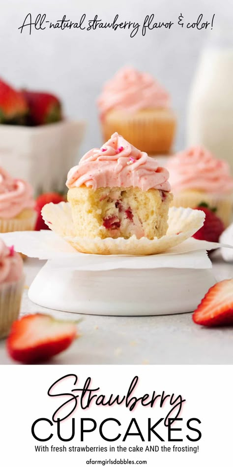 This fresh Strawberry Cupcakes recipe features a light and tender vanilla cake with bits of fresh strawberries, topped with a fluffy fresh strawberry buttercream frosting. The perfect spring and summer dessert! Strawberry Cupcakes Recipe, Fresh Strawberry Cupcakes, Strawberry Cupcake Recipes, Homemade Cupcake Recipes, Strawberry Buttercream Frosting, Strawberry Treats, Strawberry Delight, Strawberry Frosting, Strawberry Buttercream