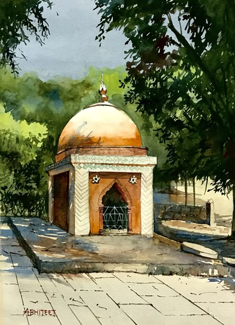 Simple Water Colour Landscape, India Watercolor Painting, Temple Watercolor Paintings, Temple Drawing Indian Simple, Mandir Drawing, Marriage Painting, Watercolor Temple, Watercolours Art, Indian Landscape