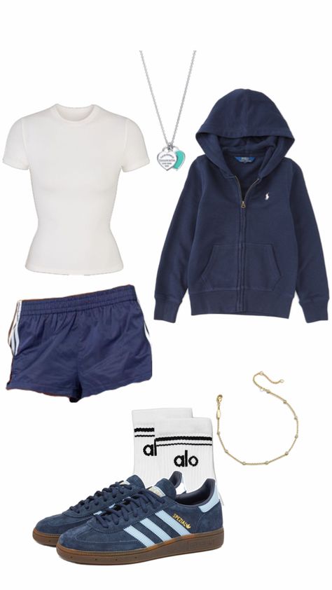 skims white baby tee ; edikted nikki navy nylon shorts ; adidas navy handball spezials ; ralph lauren navy blue zip up; alo socks Adidas Socks Outfit, Alo Socks, Navy Stripes Outfit, Blue Adidas Outfit, Adidas Shorts Outfit, Stripes Outfit, White Baby Tee, Adidas Outfit Shoes, Samba Outfit