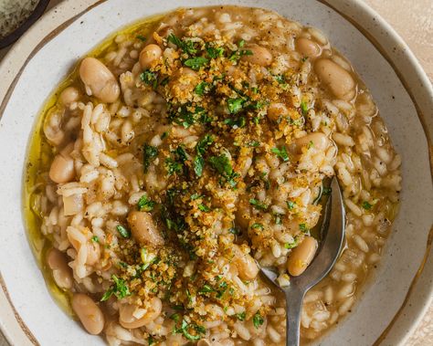 Crockpot Risotto, Bean Risotto, Vegetarian Risotto, Vegan Risotto, White Bean Recipes, Orzo Recipes, Risotto Rice, Northern Beans, Great Northern Beans