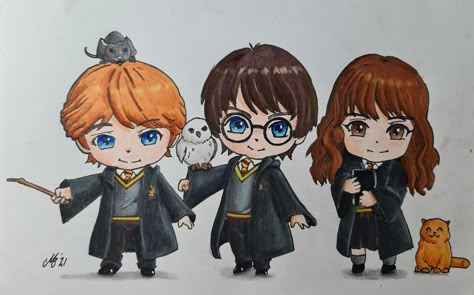 Harry Ron And Hermione Fan Art, Harry Potter Cartoon Drawing, Harry Potter Characters Drawings, Harry Potter Character Drawings, Cute Harry Potter Drawings, Harry Potter Cartoon Art, Sketch Harry Potter, Hermione Harry And Ron, Harry Potter Draw