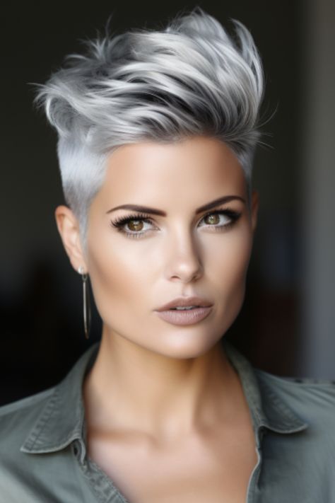 Growing Out A Fade Haircut Women, Two Tone Pixie Cut, Classic Pixie, Silver Gradient, Funky Short Hair, Short Silver Hair, Very Short Haircuts, Spiked Hair, Silver Hair Color