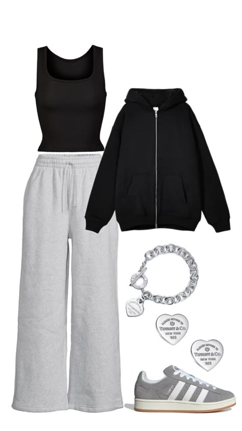 Grey adidas’s campus outfit inspo - black hoodie and skims tank Outfit Campus, Campus Outfit, Simple Outfits For School, Look Adidas, Blouse Casual Fashion, Korean Casual Outfits, Comfy Outfit, Trendy Outfits For Teens, Outfit Inspo Casual