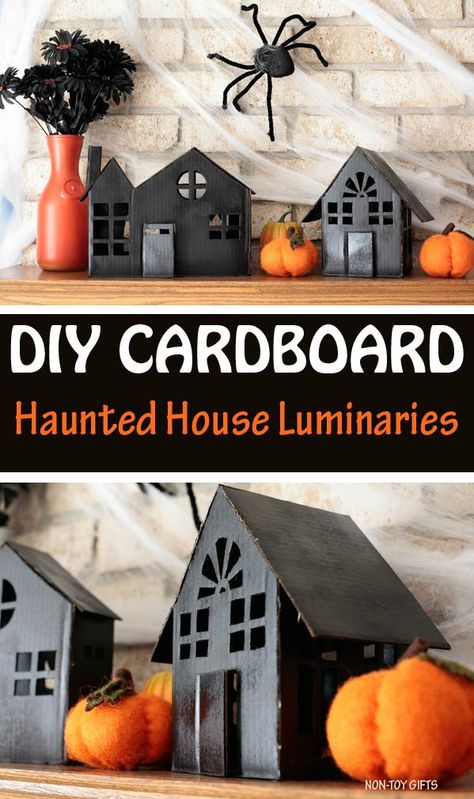 DIY cardboard haunted house luminaries to make for Halloween #ad @Amazon #boxtumes #morethanabox #amazonprime #halloween #halloweendecorations #halloweenfun #halloweencrafts #halloweendiy Diy Mini Haunted House Decor, Diy Miniature Haunted House Ideas, Cardboard Halloween Village, Halloween Haunted House Village, Haunted House Mantle, Haunted House Village Diy, Cardboard Box Crafts Halloween, Cardboard Haunted House Diy Template, Diy Haunted House Cardboard