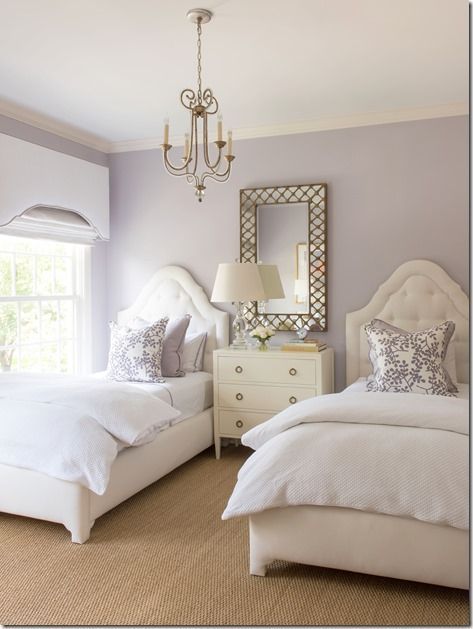 Ashley Goforth Design Lavender room elegant twin bedroom ♡ http://teaspoonheaven.com Twin Beds Guest Room, Twin Girl Bedrooms, White Beds, Girls Bedroom Paint, Lavender Bedroom, Lavender Room, Shared Girls Room, Shared Girls Bedroom, Room Girls