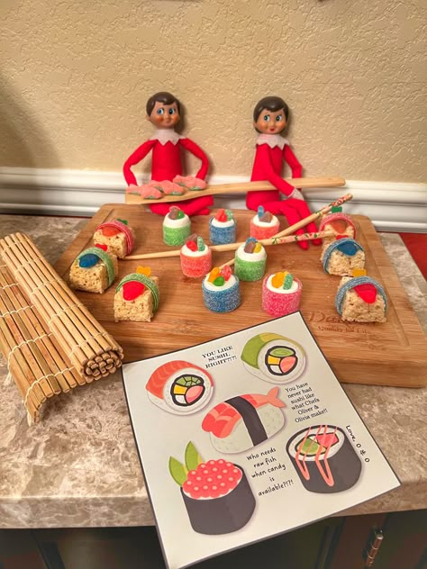 Elf On Shelf Sushi, Elf On Shelf Candy Ideas, Elf On The Shelf Sushi, Elf On The Shelf Brownies, Elf On The Shelf Ideas Older Kids, Elf On The Shelf Easy Ideas, Unique Elf On The Shelf Ideas, Elf 2024, Elf Shenanigans