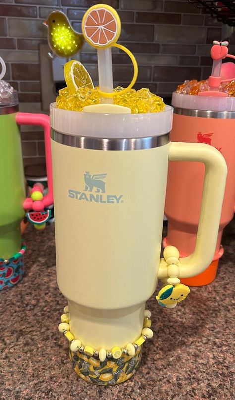 Stanley cup Lemon accessory set Stanley Cup Yellow, Standly Cups Accessories, Yellow Stanley Cup, Rare Stanley Cup, Stanley Cup Tumbler, Stanley Cup Aesthetic Decorated, Stanley Cups Aesthetic, Stanley Citron, Stanley Cup Accessories Ideas