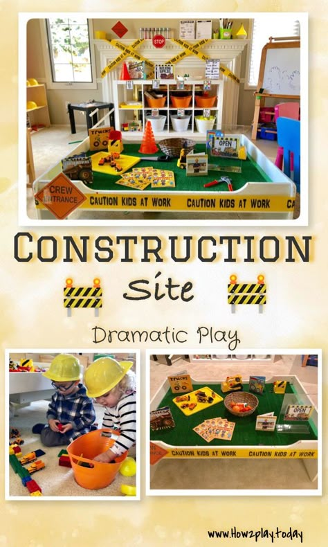 How to “build” a Construction Site for your playroom, classroom, etc. Play is powerful!  Learning through play creates meaningful learning opportunities.  – How2Play.Today Dramatic Play Construction Site, Construction Dramatic Play, Construction Play Area, Construction Preschool, Construction Activities Preschool, Construction Theme Classroom, Construction Theme Preschool, Construction Activity, Preschool Construction