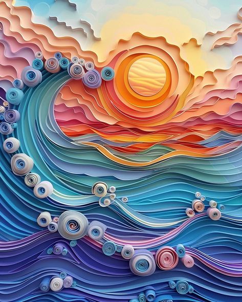 AI captured the magic of a sunset with intricate paper illusions. ✨ #aiart #midjourneyartwork #midjourney #generativeart #generativeai Quilling Ocean, Paper Illusions, Paper Origami Flowers, Sunset Paintings, Sunset Wall Decor, Arte Quilling, Art Wall Painting, Paper Art Sculpture, Easy Mandala Drawing