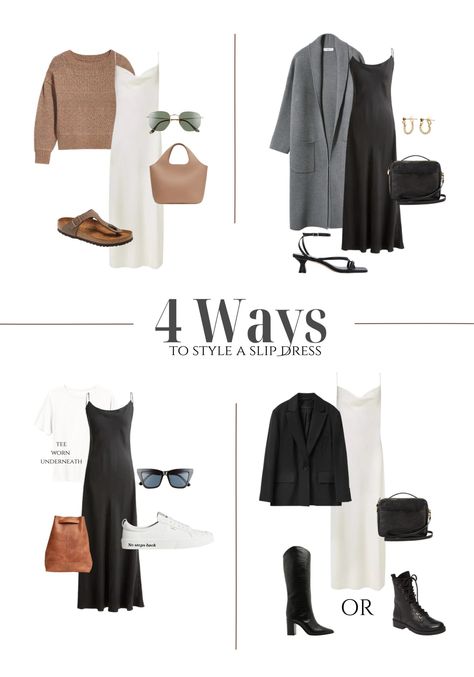 4 Ways to Style a Slip Dress - Lynzy & Co. Slip Dress Boots, Slip Dress For Winter, Style A Slip Dress, Dress For Winter, Slip Dress Black, White Slip Dress, Black Slip Dress, Black Strappy Heels, Dress Boots