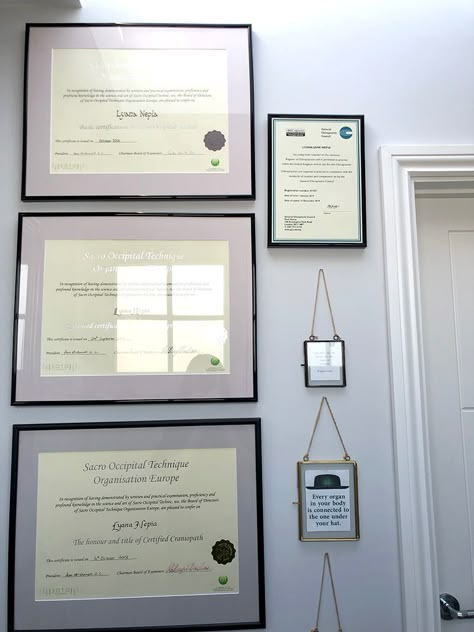 Certificate Frames On Wall, Office Certificate Wall Display, Certificate Wall Display Ideas Office, Wall Of Certificates, Degree Display Ideas, Degree Wall Display Ideas, Degree Wall Display Office, Diploma Wall Display Ideas Office, Degree Frame Ideas