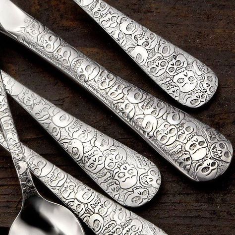 Photo Flatware Patterns, Goth Home, Goth Home Decor, Dark Home, Goth Decor, Skull Decor, Stainless Steel Flatware, Gothic Decor, Gothic Home Decor