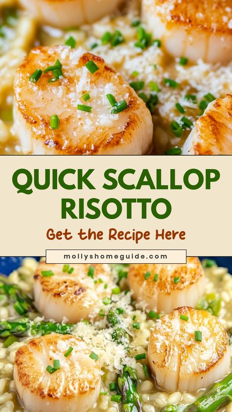 Indulge in a creamy, decadent bowl of scallop risotto tonight! This classic dish combines perfectly cooked risotto with seared scallops to create a symphony of flavors. Treat yourself to this elegant meal that is sure to impress your taste buds and leave you wanting more. Whether you're cooking for a special occasion or simply craving something luxurious, this scallop risotto recipe is the perfect choice. Risotto And Fish Recipes, Scallops With Risotto, Scallops And Risotto, Scallop Risotto Recipes, Mascarpone Risotto, Best Risotto Recipes, Scallop Risotto, Best Risotto, Lobster Risotto