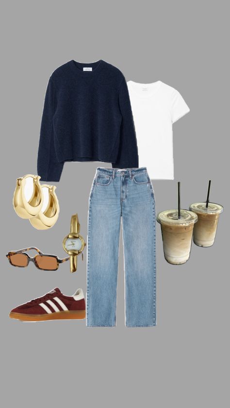 Casual outfit inspo fall outfit inspo fall aesthetic fall vibes navy blue sweater Abercrombie jeans Levi’s jeans adidas shoes adidas sneakers red adidas maroon adidas burgundy adidas iced coffee outfit coffee run outfit white tee basic outfit gold watch vintage Gucci watch vintage watch miu miu sunglasses tortoise shell sunglasses rectangle sunglasses gold hoops Fall Drinks Outfit, Chic Baseball Game Outfit, Maroon Adidas Outfit, Burgundy Tennis Shoes Outfit, Navy Blue Sweater Outfit Women, Red Shoes Outfit Sneakers, Navy Gum Spezial Outfit, Navy Knit Sweater Outfit, Maroon Sneakers Outfit