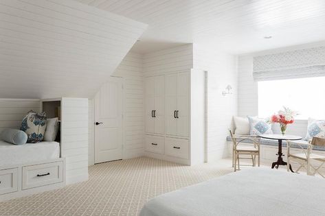 Built In Shiplap Daybed Under Sloped Ceiling Shiplap Angled Ceiling, Beadboard Sloped Ceiling, Shiplap Sloped Ceiling, Shiplap Ceiling Attic Bedroom, Shiplap Attic Bedroom, Storage Daybed, White Attic, Shiplap Trim, Kids Closets