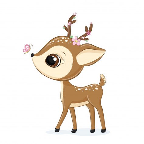 Animal illustration cute little deer wit... | Premium Vector #Freepik #vector Baby Deer Drawing, Deer Clipart, Deer Cartoon, Deer Drawing, Baby Animal Drawings, Watercolor Flower Background, Deer Illustration, Clipart Baby, Cute Deer