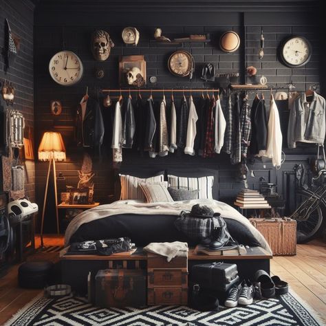 Men’s Vintage Room Decor, Guy Bedroom Aesthetic Vintage, Aesthetic Men’s Room, Men’s Aesthetic Bedroom, Bedroom Design For Men, Men Bedroom Decor Ideas, Men Bedroom Decor, Moody Men’s Bedroom, Bedroom Aesthetic Vintage