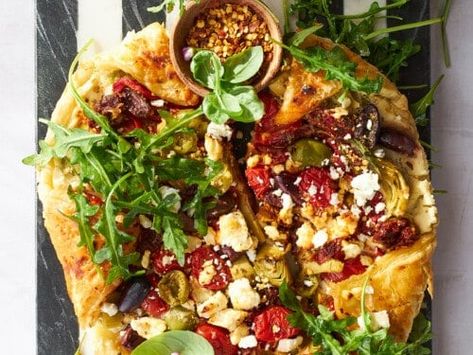 Mediterranean Vegetable Galette Recipe Vegetable Galette, Food Dolls Recipes, Biscuit Dough Recipes, Lavish Party, Olive Dip, Buckwheat Crepes, Bread Dipping Oil, Bread Dipping, Food Dolls