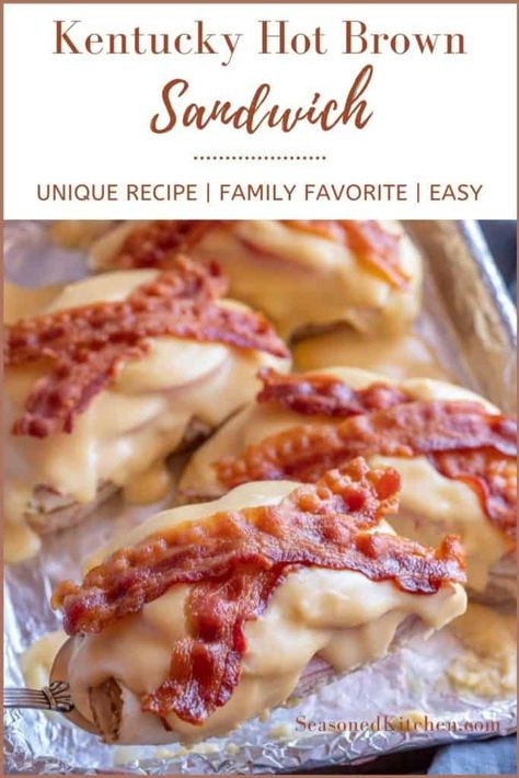 Kentucky Hot Brown Sandwich Recipe - A Well Seasoned Kitchen Sliced Turkey Recipes Deli, Deli Turkey Recipes Dinner, Hot Brown Recipe, Kentucky Hot Browns, Open Face Turkey Sandwich, Hot Brown Sandwich, Kentucky Hot Brown Sandwich, Hot Browns, Brown Sandwich