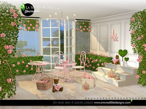 SIMcredible!'s La vie en rose extras Sims 4 Flower Arranging Table, Rose Sims 4 Cc, Sims 4 Cc Garden Decor, Clutter Decor, Shabby Chic Outdoor Decor, Pink Tea Party, Tea Decor, Outdoor Set, Sims4 Cc