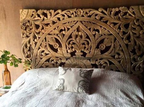 Natural Eco Carved panel bed headboard Indian Headboard, Bed Head Boards, Bedroom Wallpaper Nature, Farmhouse Sink Installation, Head Boards, Carved Headboard, Linen Headboard, Asian Home Decor, Wooden Headboard