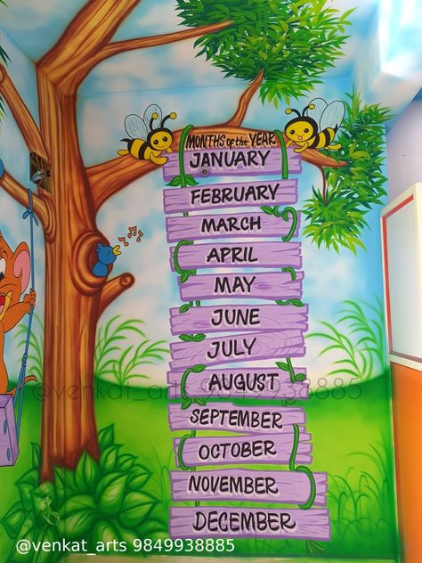 Daycare Room Design, Play School Wall Painting, School Wall Art Ideas, School Wall Painting, School Wall Decoration, Animals Name In English, Primary School Art, Daycare Decor, School Board Decoration