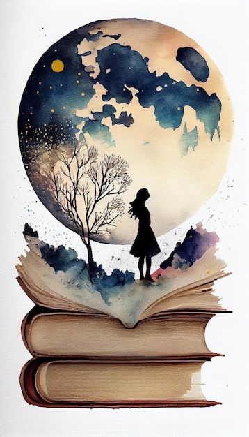 Photo a book that has the word moon on i... | Premium Photo #Freepik #photo #novel #book-day #book-illustration #watercolor-book Book Wallpaper Backgrounds, Book Cover Design Drawing, Book Images Pictures, Book Day Poster, Book Watercolor Painting, Reading Artwork, Reading Books Illustration, Book Watercolor, Moon Watercolor