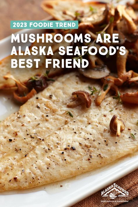 Wild Alaska sole and wild mushrooms Alaska Cod Fillet Recipe, Wild Alaskan Cod Recipes, Healthy Oyster Mushroom Recipes, Halibut Olympia Recipes Alaska, Halibut Cove Alaska, Heirloom Recipes, Sliced Mushrooms, Wild Mushrooms, Mushroom Recipes