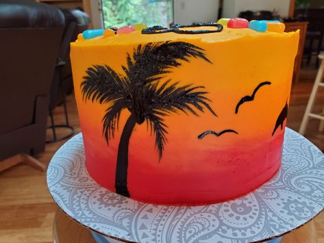 Ombre sunset cake, palm trees, dolphins Malibu Themed Cake, Tropical Ombre Cake, Sunset Cakes Ideas, Sunset Ombre Cake, Sunset Theme Cake, Sunset Cake Design, Sunset Birthday Cake, Oasis Cake, Palm Tree Cake