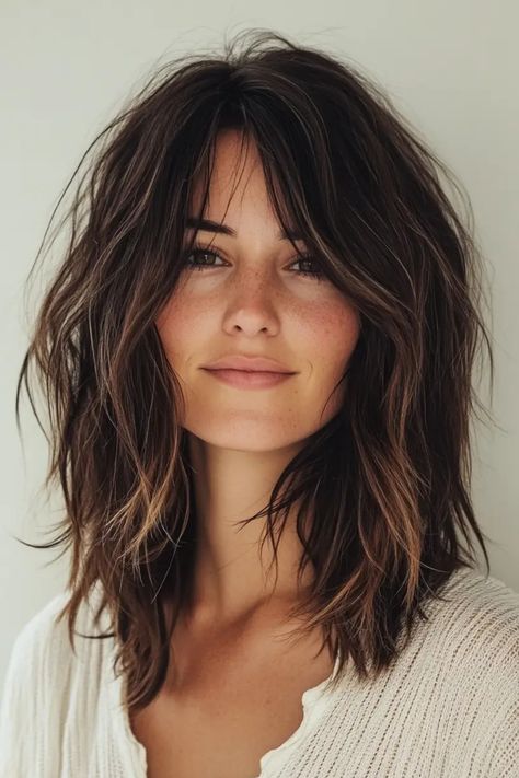 Smiling woman with wavy, shoulder-length hair. Haircut For Over 50 Medium Length, Shaggy Lobs For Fine Hair, Lob With Curtain Bangs Oval Face, Medium Length Hair With Layers Dark, Long Hair With Shorter Layers, Layered Bob Hairstyles Medium Length, Mid Length Hair Women 40, Mid Length Hair With Choppy Layers, Medium Length Haircut Textured Layers