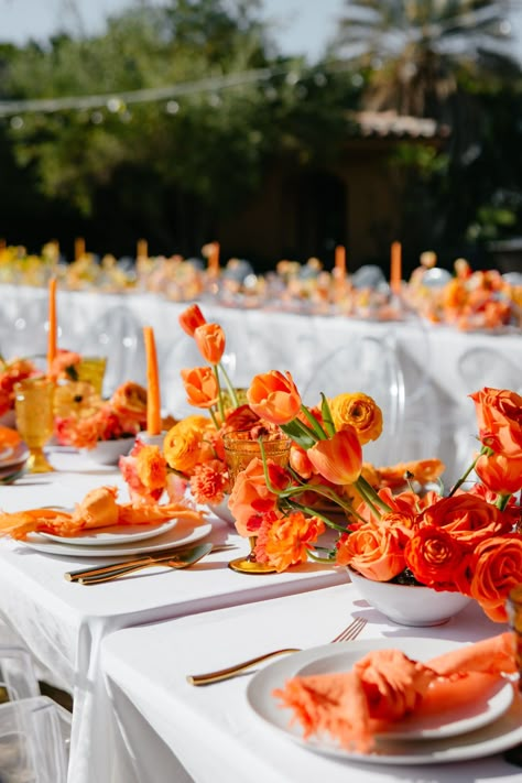 The Bride Wore A Yellow Dress At This Eclectic, Ombré Wedding In Palm Springs Sunshine Centerpieces, Fancy House Party, Orange Wedding Reception, Vintage Palm Springs, Orange Wedding Colors, Sicily Wedding, Candy Wedding, Orange Bridesmaid, Wedding Orange