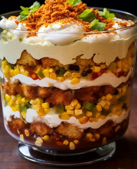 Friends Thanksgiving Trifle Recipe, Cowboy Cornbread Trifle, Trifle Dish Recipes, Savory Trifle Recipes, Cowboy Trifle, Savory Dishes For Potluck, Savory Trifle, Halloween Trifle Desserts, Cowboy Food Ideas