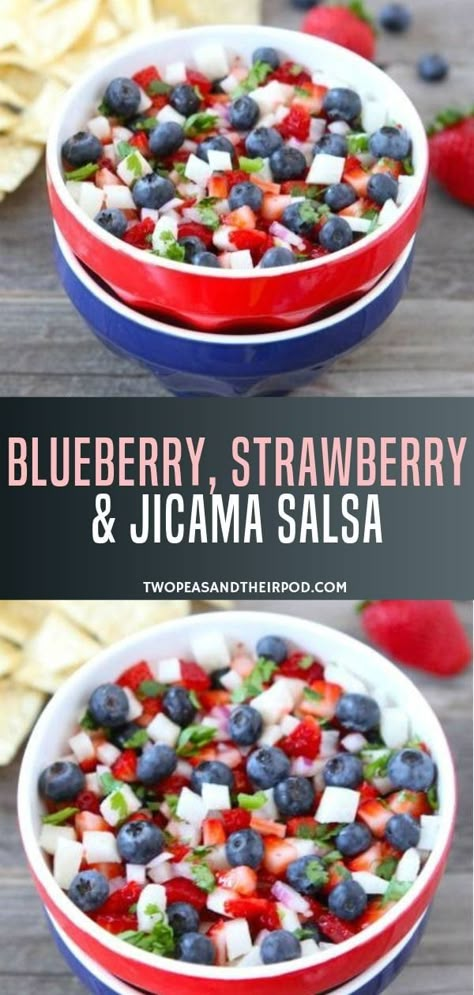 This Blueberry, Strawberry, and Jicama Salsa is the perfect appetizer or snack for your 4th of July party. It's a fresh and fruity salsa with a nice crunch, so festive for 4th of July and healthy for a summer snack! Jicama Salsa, Spring Eats, Strawberry Salsa Recipe, Healthy Salsa, Summer Salsa, Patriotic Recipes, Strawberry Salsa, Healthy Dips, July Recipes