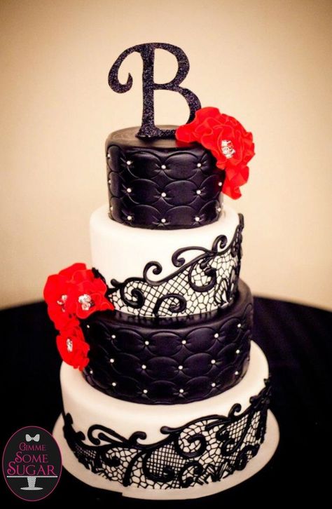 3) Leather & Lace- cute cake!! Leather And Lace Party Theme, Leather And Lace Party, Leather And Lace Wedding, Cake Pretty, Gimme Some Sugar, Black And White Wedding Cake, Biker Wedding, Wedding Reception Planning, Pretty Cake